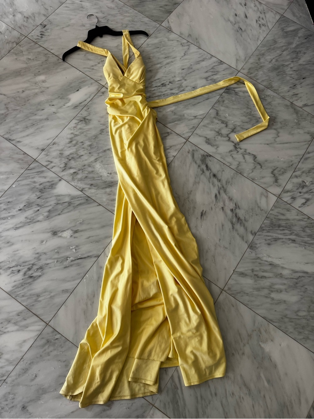 Elegant Yellow Satin Prom Dress with Wrap Waist